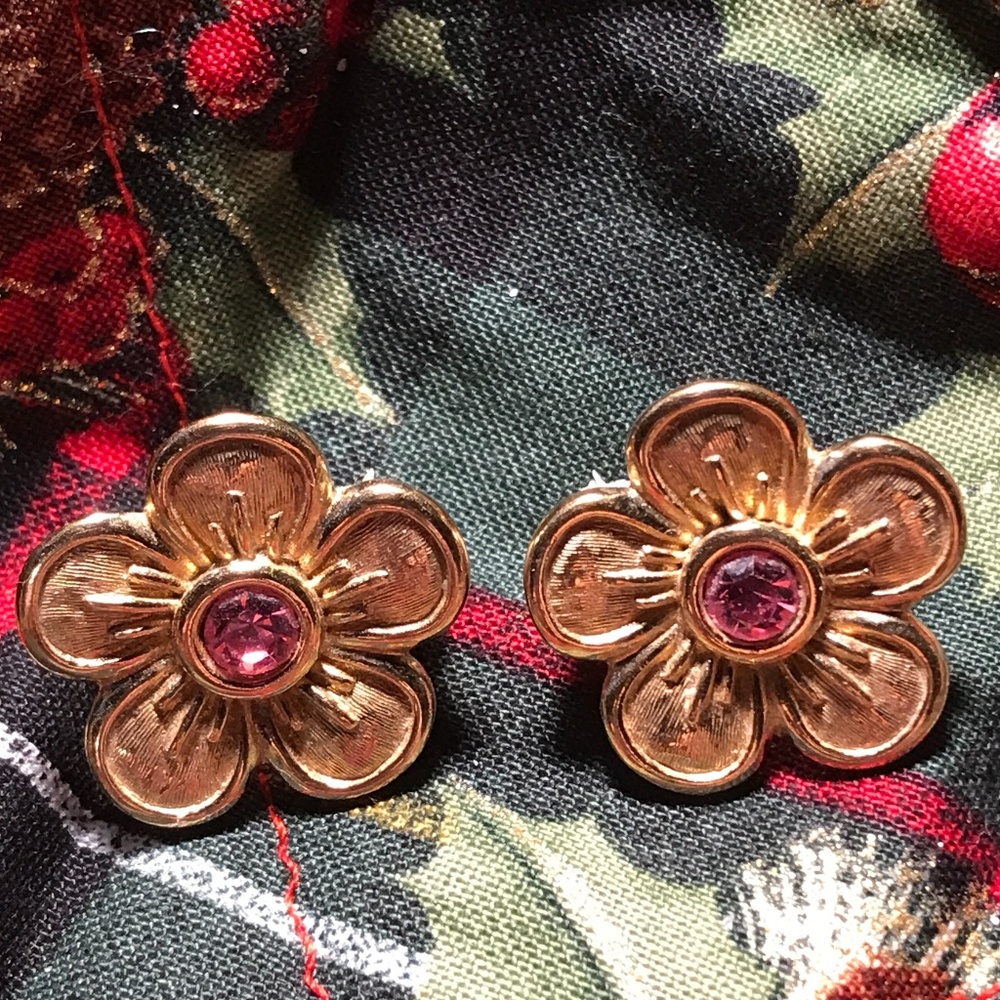 Earrings Flower with Pink Rhinestone D5🌸